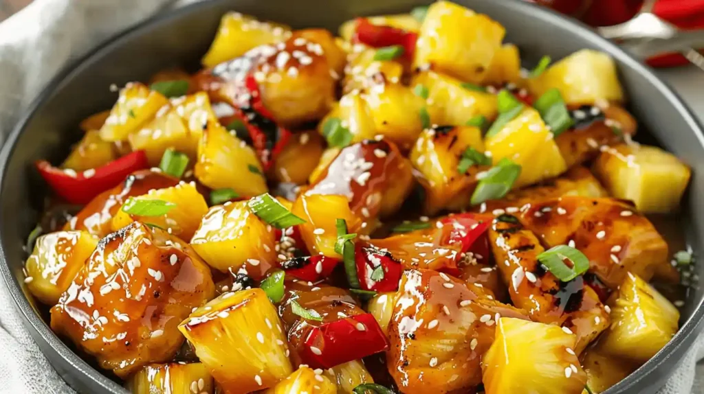 Pineapple chicken with chicken pieces, pineapple chunks, sesame seeds, and spring onions in a glazed sauce.