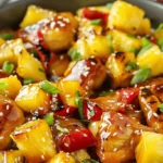 Pineapple chicken with chicken pieces, pineapple chunks, sesame seeds, and spring onions in a glazed sauce.
