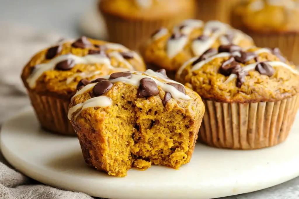 A close-up shot shows a batch of golden-brown Pumpkin Banana Bread Muffins cooling on a wire rack, with some sliced open to reveal their moist texture.