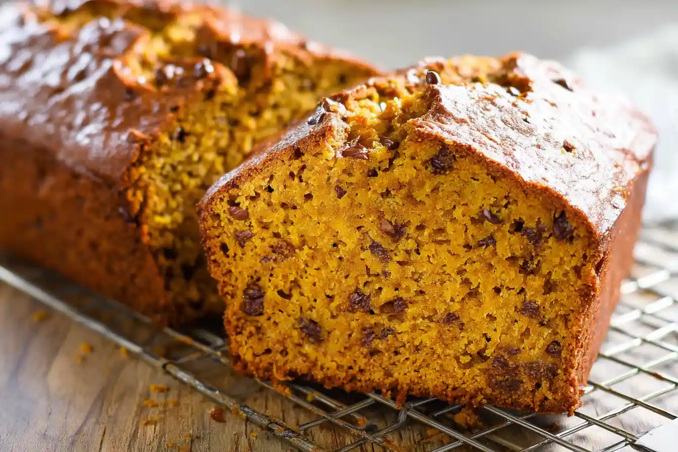 A freshly baked loaf of Pumpkin Banana Bread, sliced and ready to serve on a wooden board.
