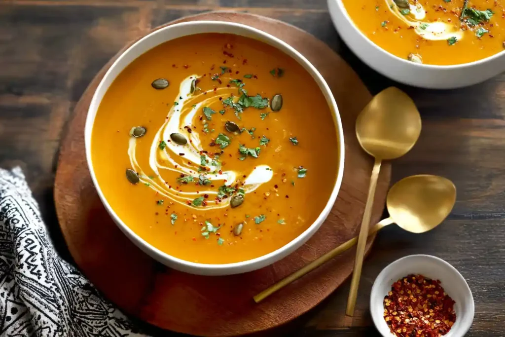 A vibrant orange bowl of Roasted Butternut Squash and Garlic Soup, garnished with a swirl of cream and fresh herbs, sits on a rustic wooden surface.
