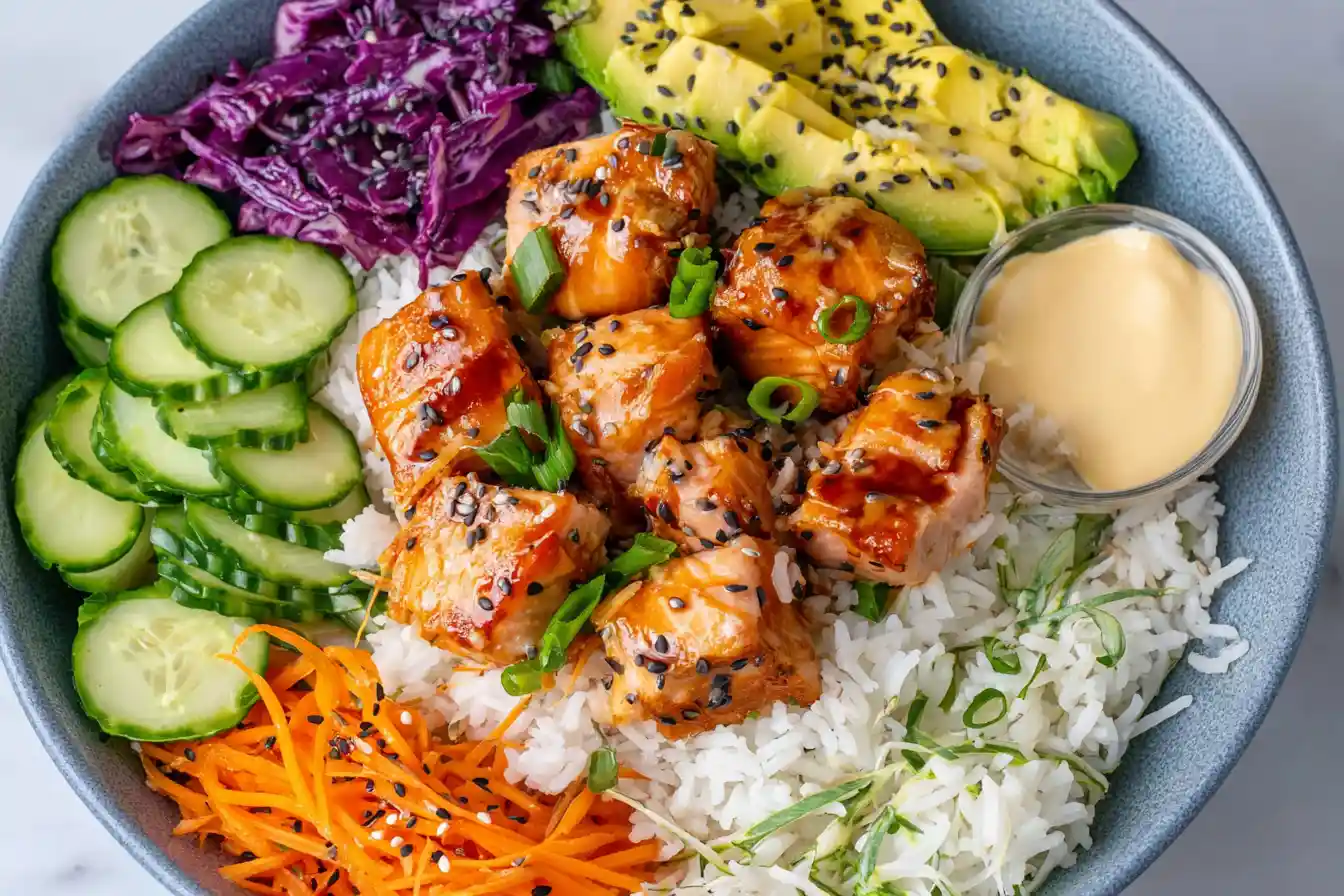 Two vibrantly colored Salmon Bowls are presented on a rustic table, featuring fresh salmon, avocado, cucumber, and rice.