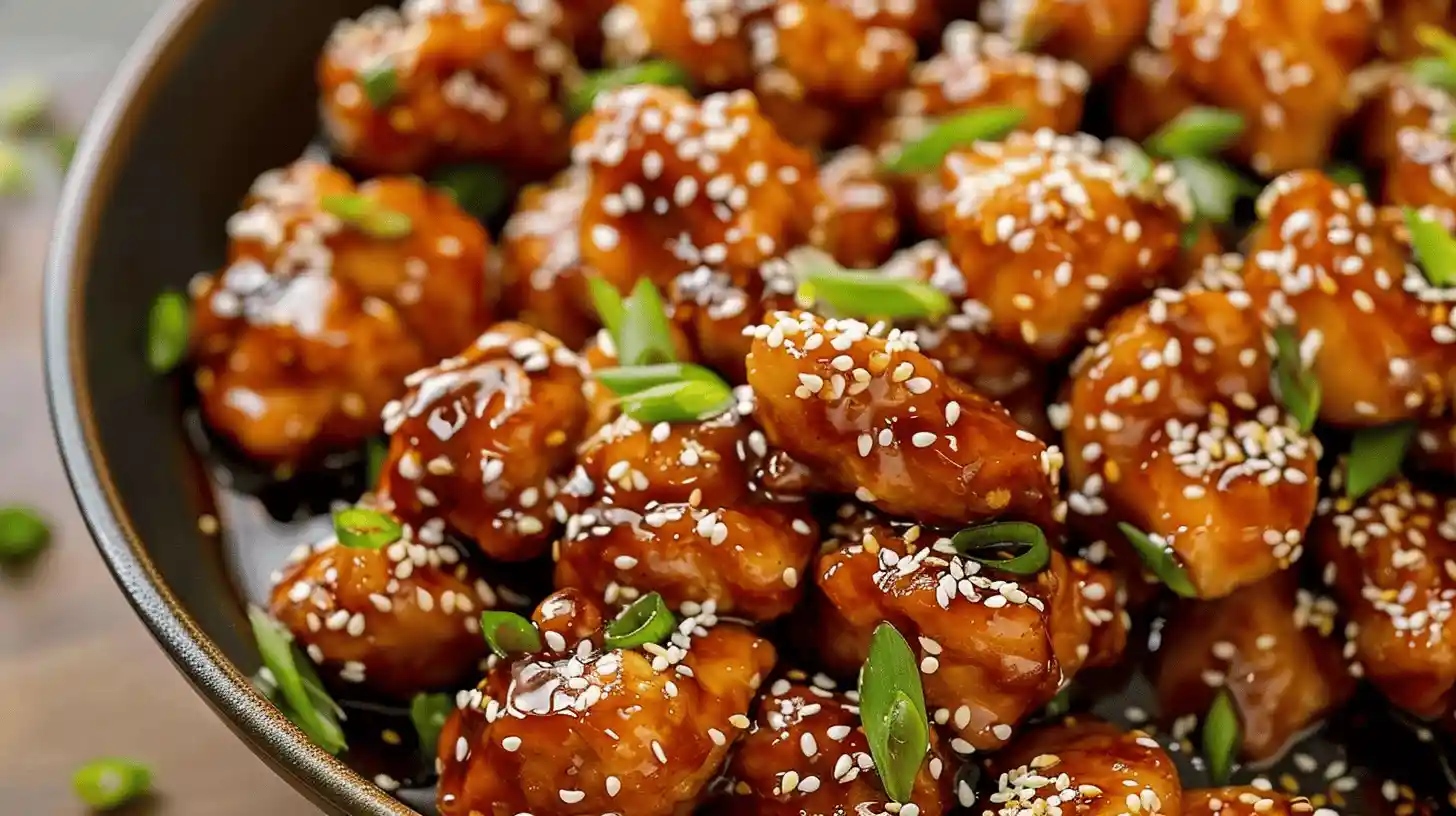 Plate of sesame chicken with sesame seeds and green onions.