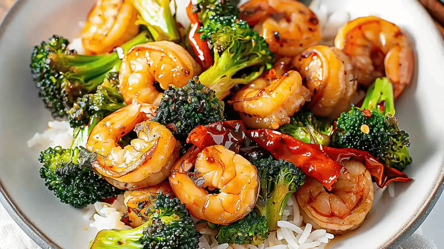 Plate of shrimp and broccoli on rice with red chilies.