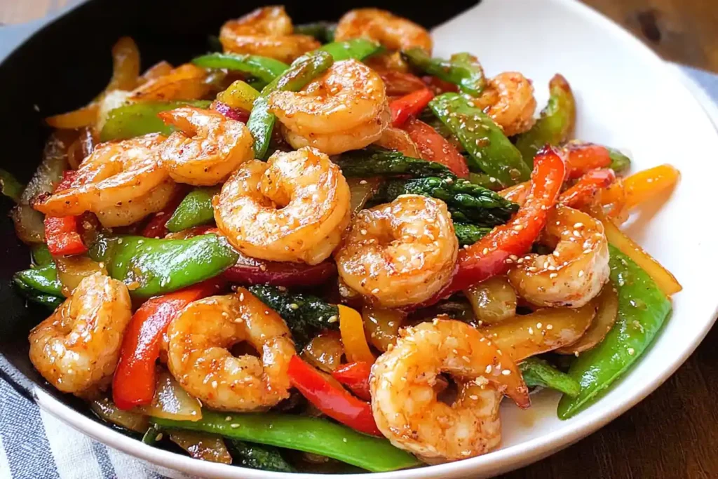 A vibrant and colorful Shrimp Stir Fry served in a bowl, featuring plump shrimp and fresh mixed vegetables.