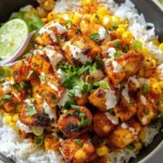 Street corn chicken rice bowl with grilled chicken, corn, rice, lime, and cilantro in a bowl.