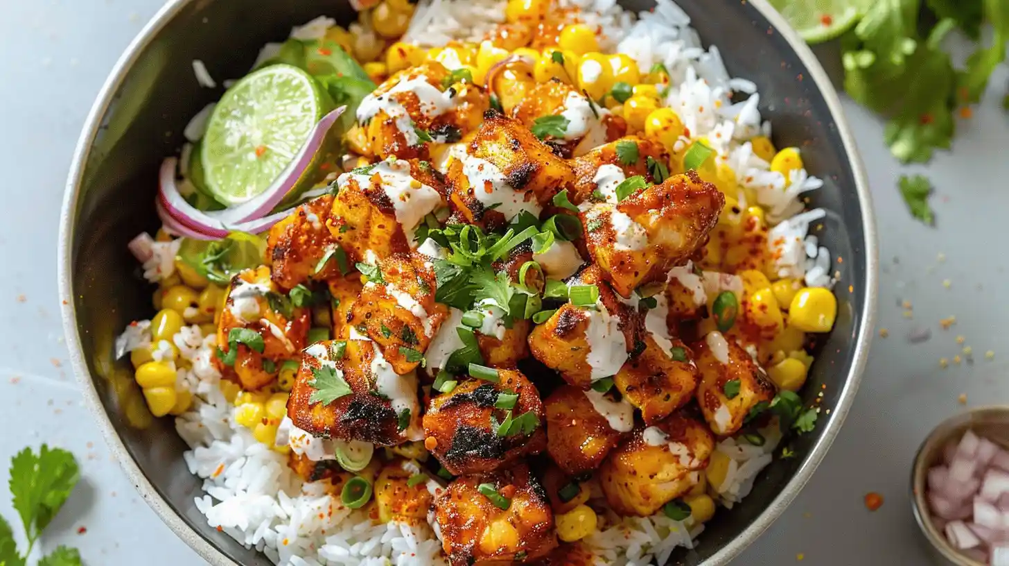Street corn chicken rice bowl with grilled chicken, corn, rice, lime, and cilantro in a bowl.
