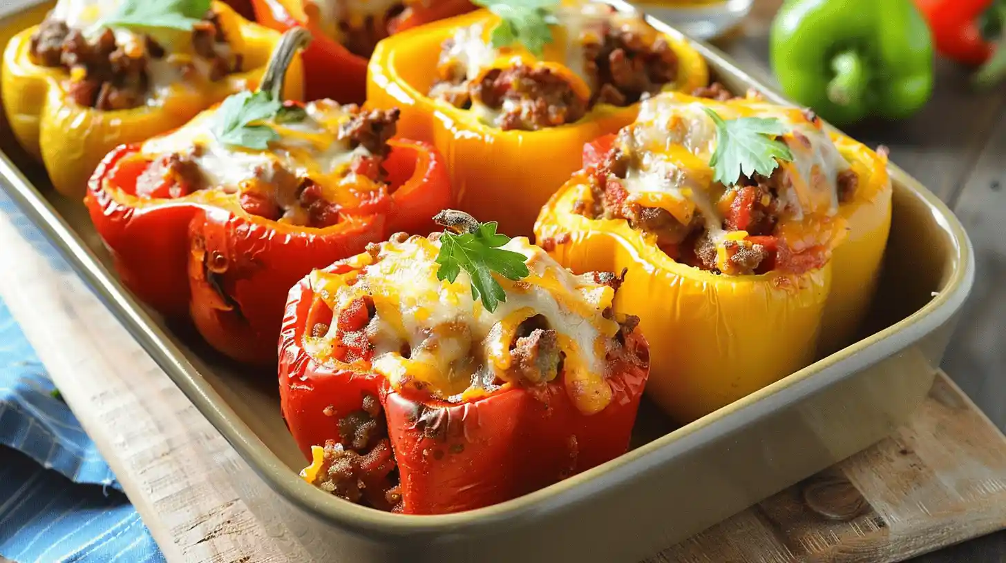 Stuffed bell peppers with meat and cheese in a baking dish.