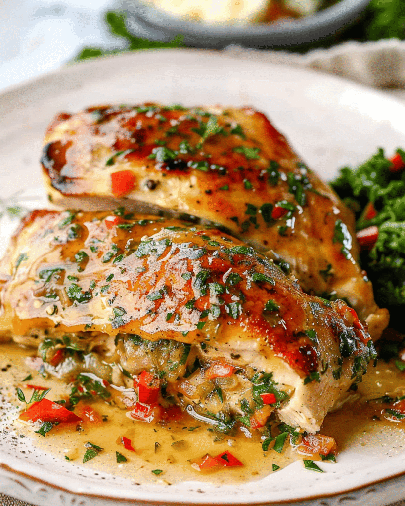 Golden stuffed chicken breast with herbs, peppers, and melted cheese topped with a savory garlic butter sauce.