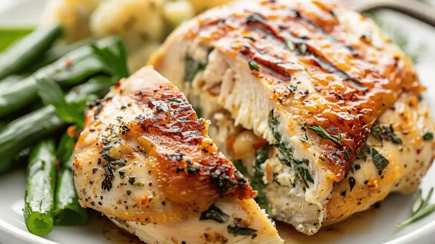 Delicious roasted stuffed chicken breast with a cheesy herb filling, garnished and served with green beans.