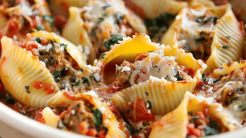 Close-up view of stuffed shells with cheese, tomato sauce, and parsley.