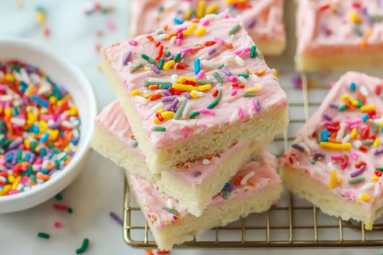 A close-up shot of a tray of freshly baked Sugar Cookie Bars, topped with smooth white frosting and colorful sprinkles.