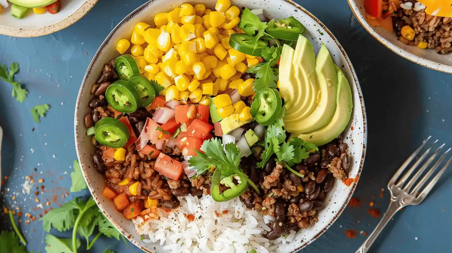 Taco Rice Bowl with seasoned meat, black beans, avocado, corn, tomatoes, jalapeños, and cilantro on a white plate.
