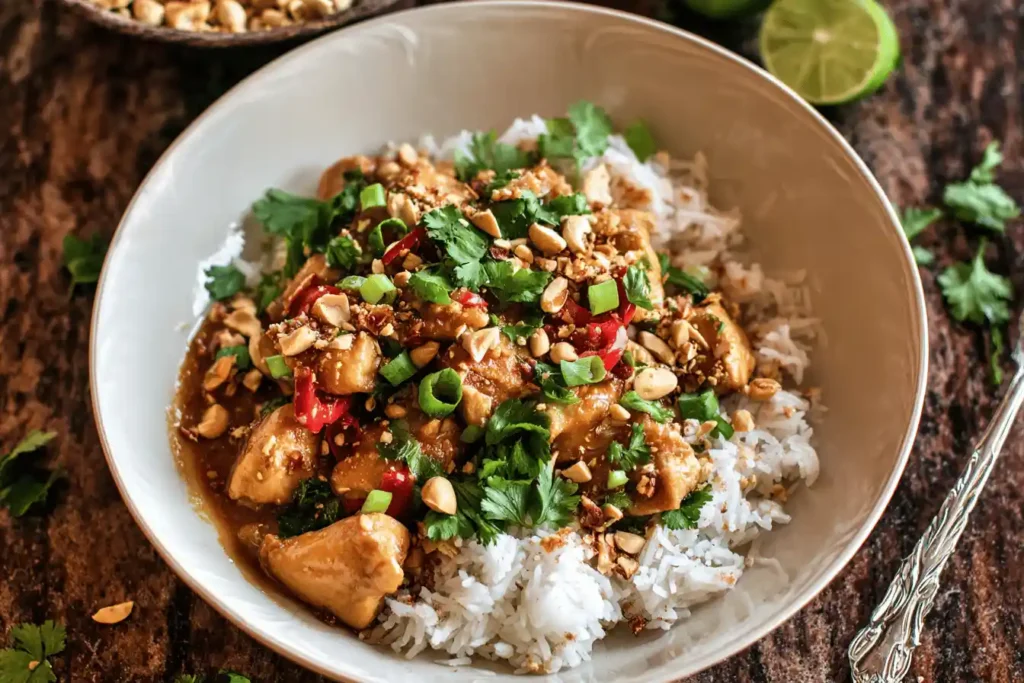 Plate of Thai peanut chicken with rice, garnished with cilantro and peanuts.