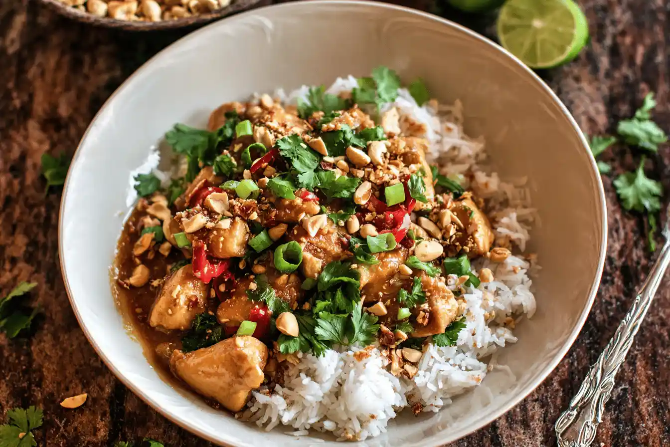 Plate of Thai peanut chicken with rice, garnished with cilantro and peanuts.