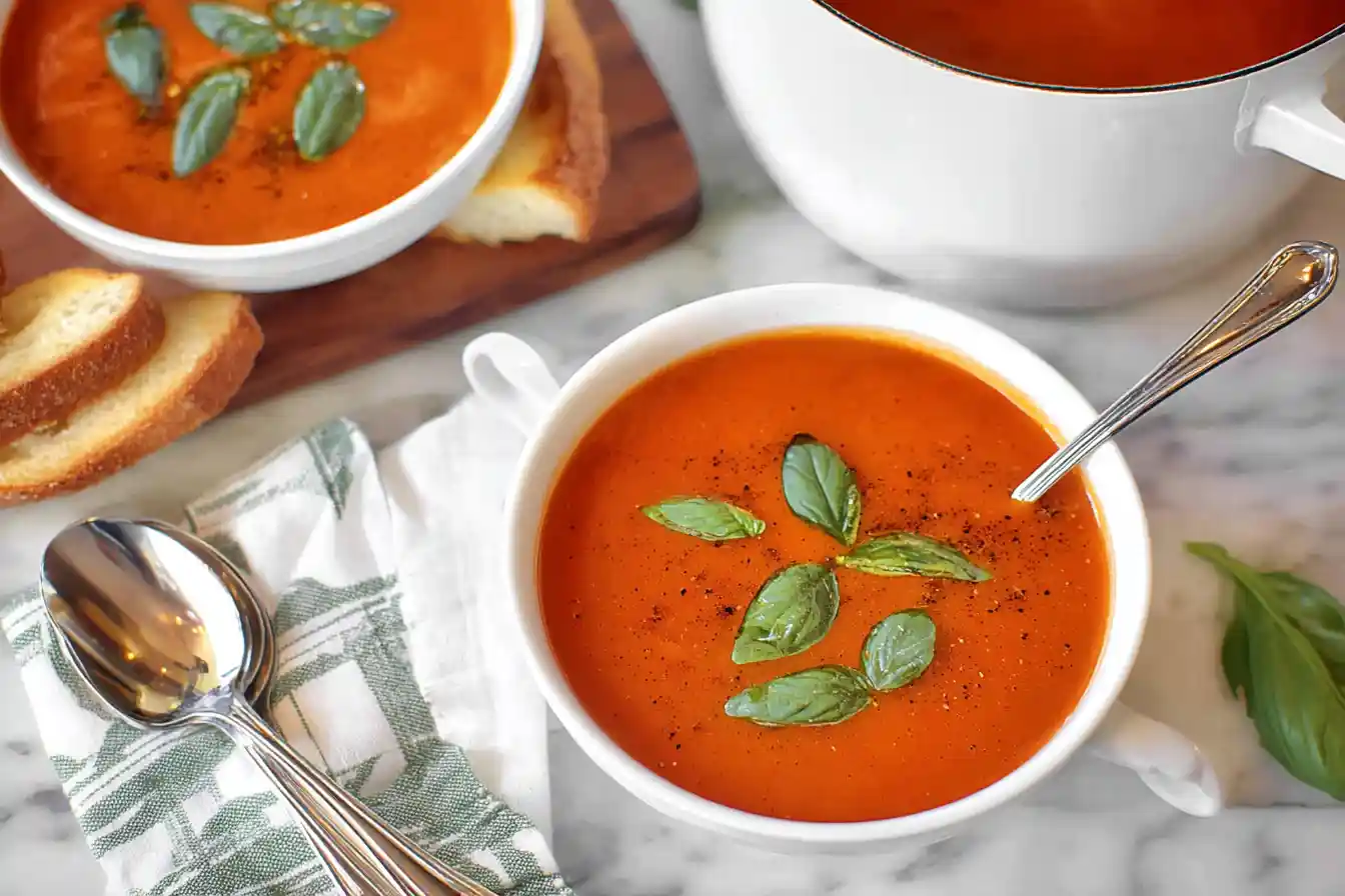 A rustic white bowl of creamy tomato basil soup, garnished with a swirl of cream and fresh basil leaves, sits on a wooden surface.