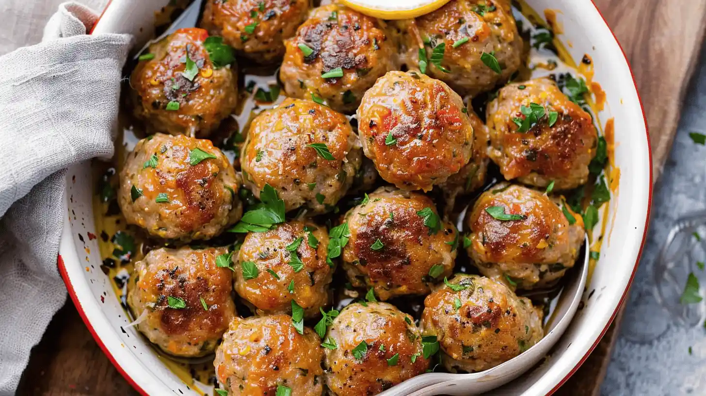 Plate of turkey meatballs garnished with herbs, showing a golden-brown finish.