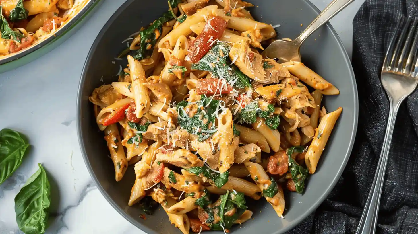 Tuscan chicken pasta with penne, chicken, spinach, tomatoes, and parmesan cheese in a bowl.