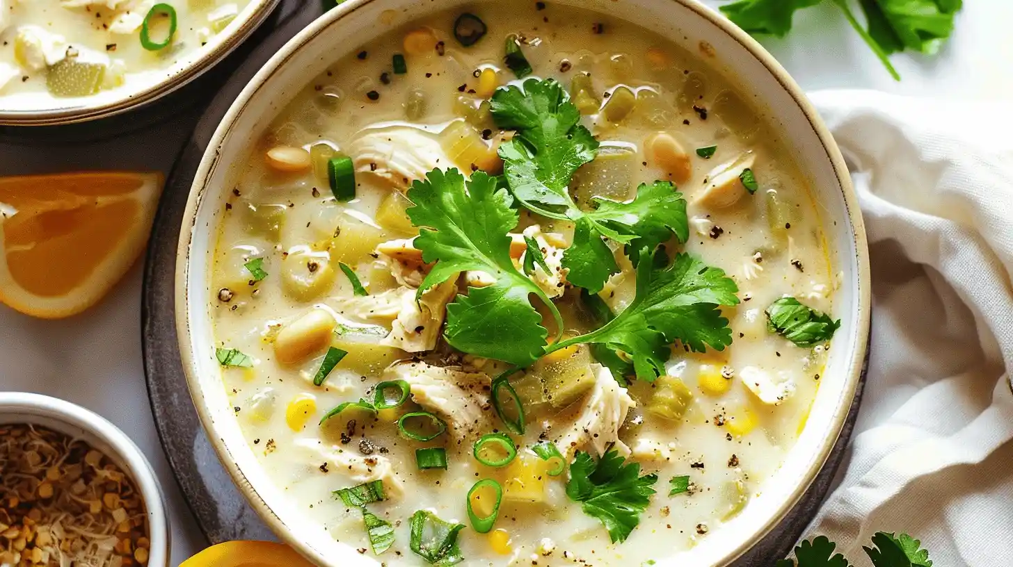 Bowl of white chicken chili with cilantro garnish, featuring chicken, beans, and corn.