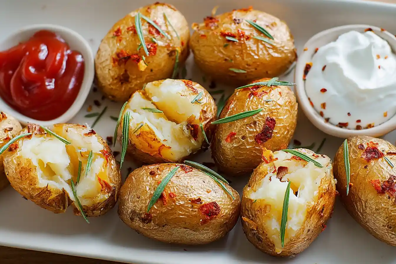 A close-up shot of several perfectly cooked Air Fryer Baked Potatoes with crispy, golden-brown skins and fluffy interiors, garnished with fresh herbs.