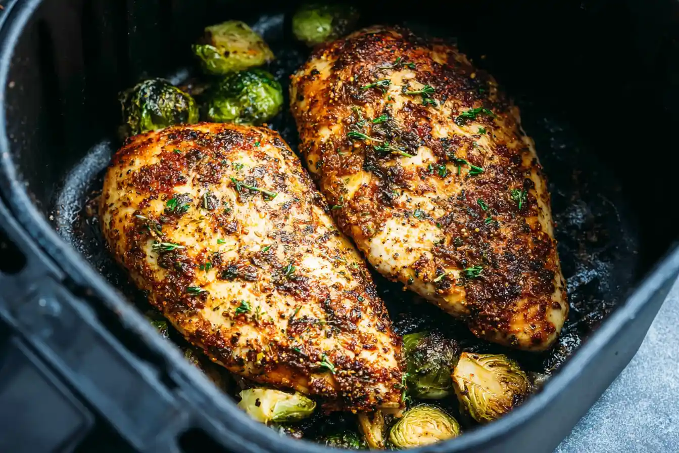 A perfectly golden-brown and juicy Air Fryer Chicken Breast is shown, sliced and ready to serve.