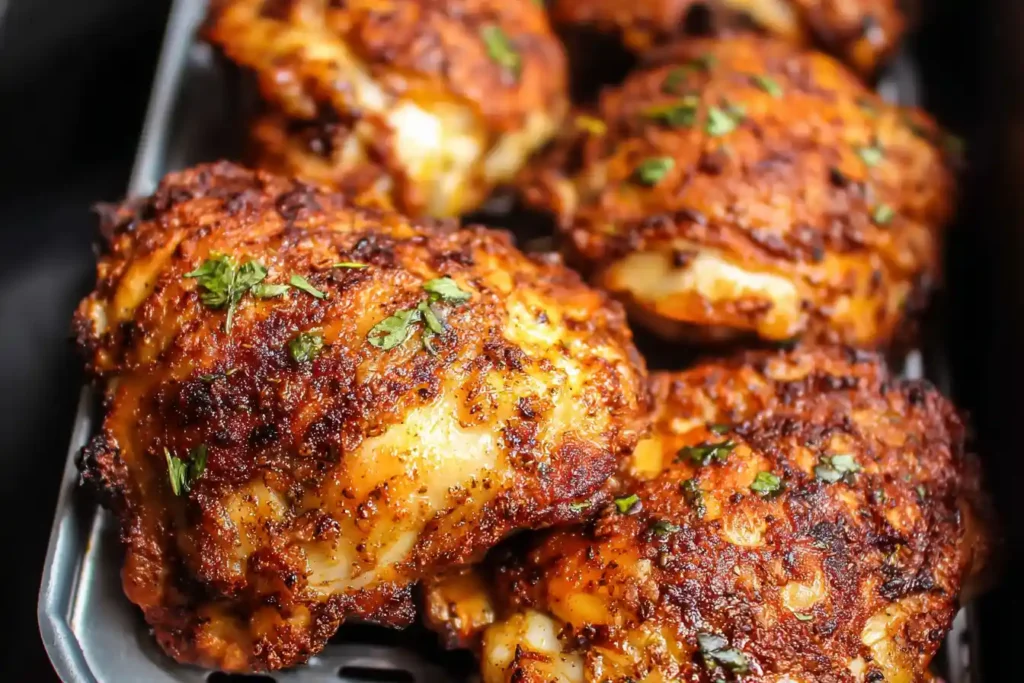 A close-up view of perfectly golden-brown and crispy Air Fryer Chicken Thighs, garnished with fresh parsley and served on a white plate.