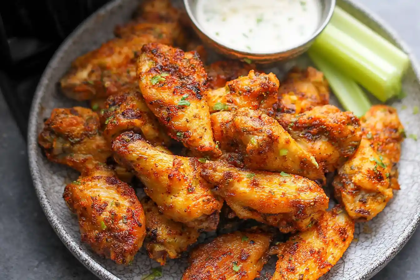 A close-up view of crispy, golden-brown Air Fryer Chicken Wings perfectly cooked and piled on a white plate with a side of dipping sauce.