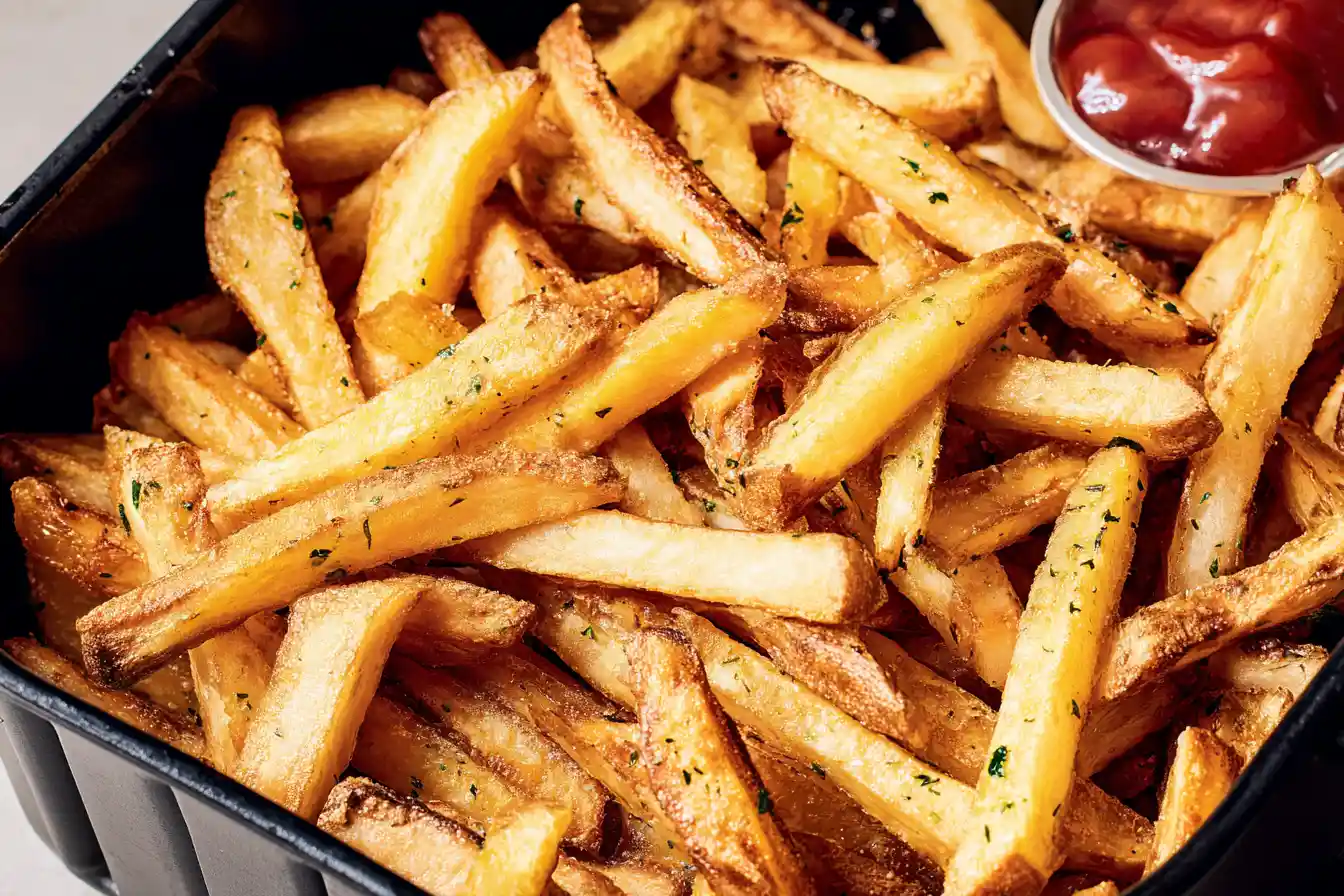 A wire basket overflowing with golden, crispy Air Fryer French Fries, perfectly seasoned and ready to eat.