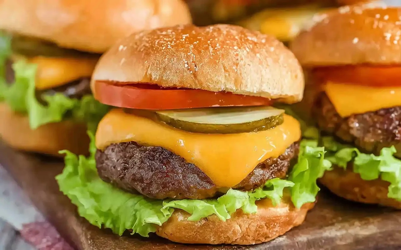 A close-up view of three perfectly cooked and juicy Air Fryer Hamburgers with melted cheese, sitting in a serving basket.