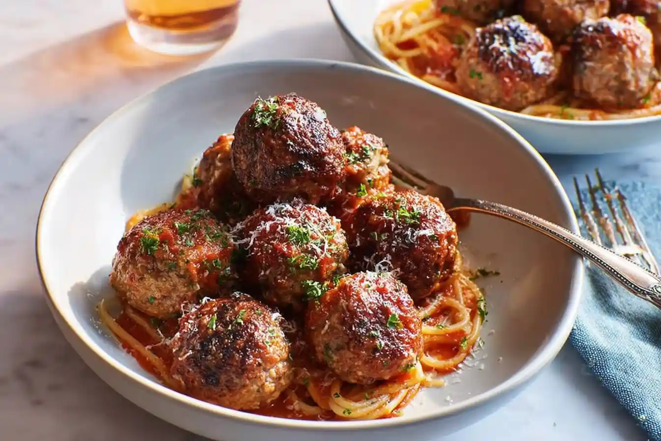 A close-up shot displays a white bowl filled with golden-brown Air Fryer Meatballs, garnished with fresh chopped parsley.