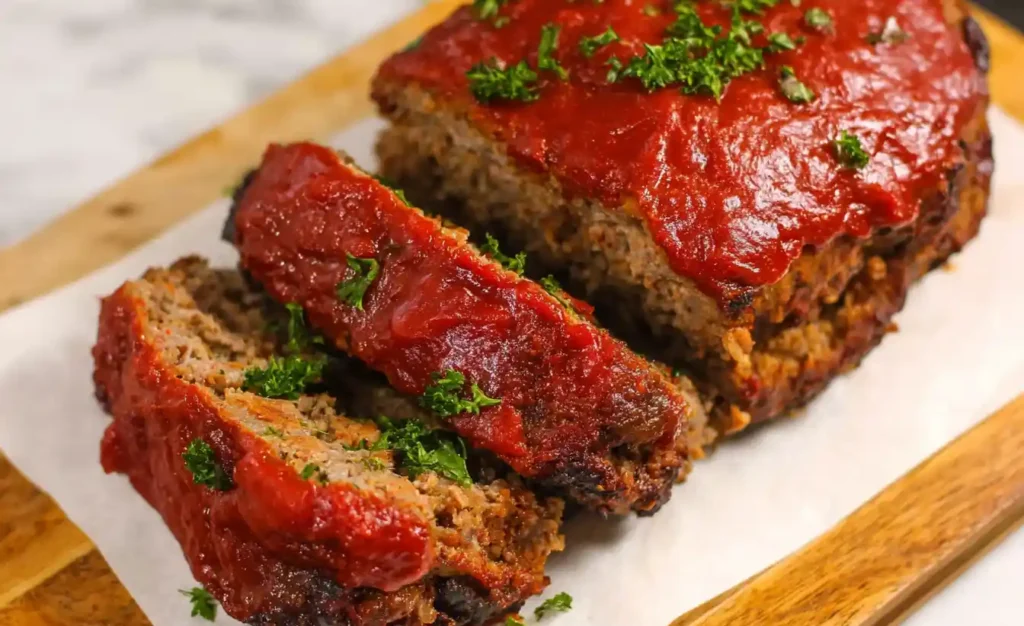 A golden-brown Air Fryer Meatloaf, perfectly glazed and cooked, sits on a cutting board, ready to be sliced.