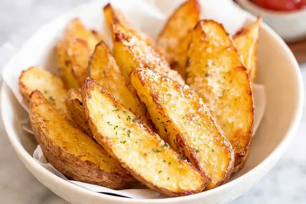 A close-up shot shows a bowl of perfectly golden and crispy Air Fryer Potato Wedges, lightly seasoned and ready to enjoy.