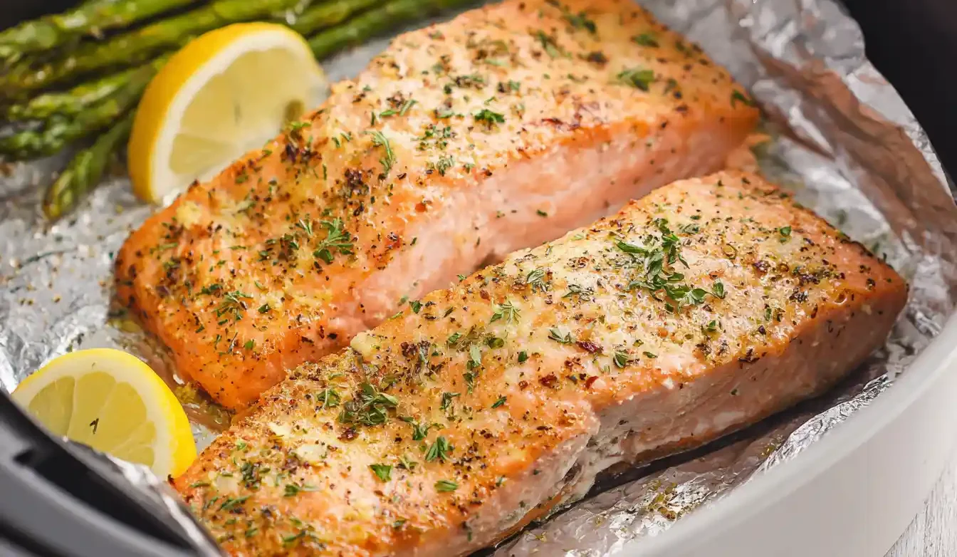A perfectly cooked fillet of golden Air Fryer Salmon, garnished with fresh dill and a lemon wedge, sits on a white plate.