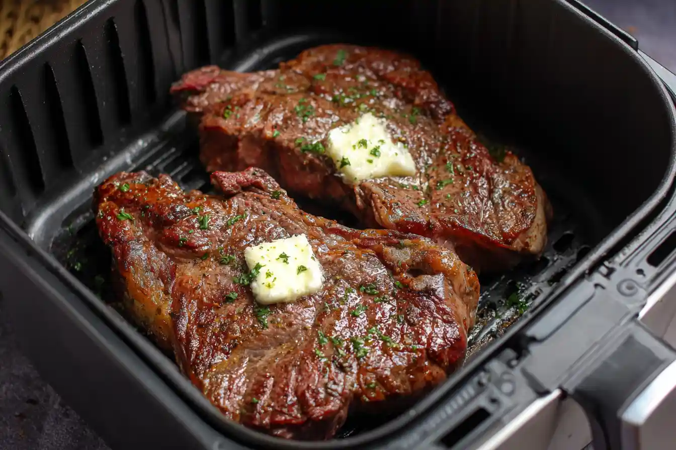 A perfectly cooked, medium-rare Air Fryer Steak, sliced and arranged on a wooden cutting board with herbs.