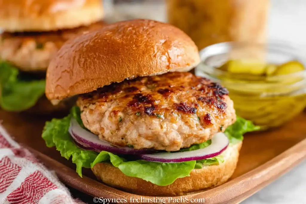 A close-up shot of two perfectly cooked Air Fryer Turkey Burgers, golden brown and nestled in their buns.