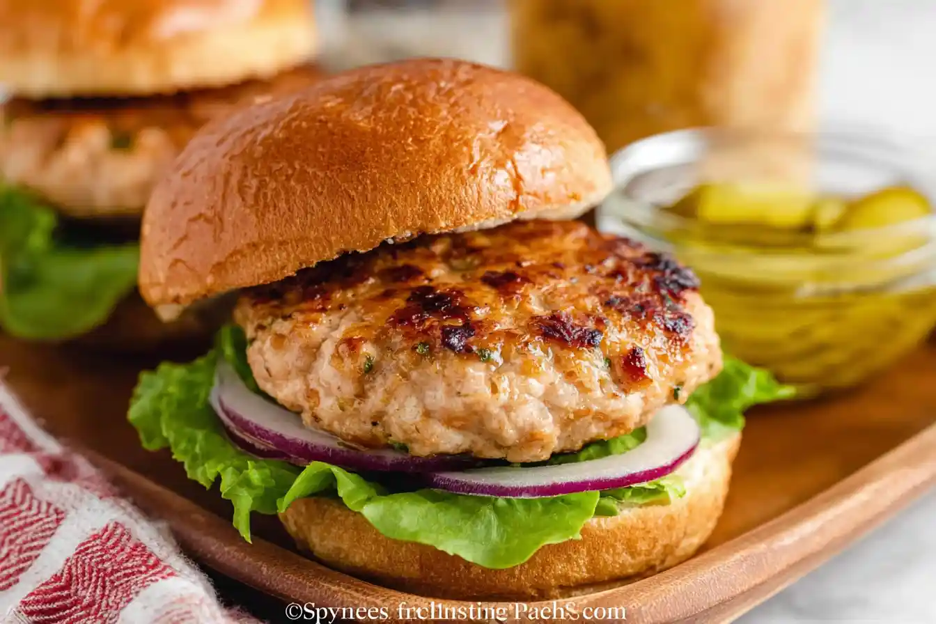 A close-up shot of two perfectly cooked Air Fryer Turkey Burgers, golden brown and nestled in their buns.