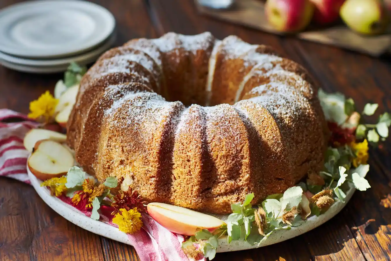 A golden-brown Apple Cider Donut Bundt Cake, glistening with a light glaze, is presented on a decorative plate.