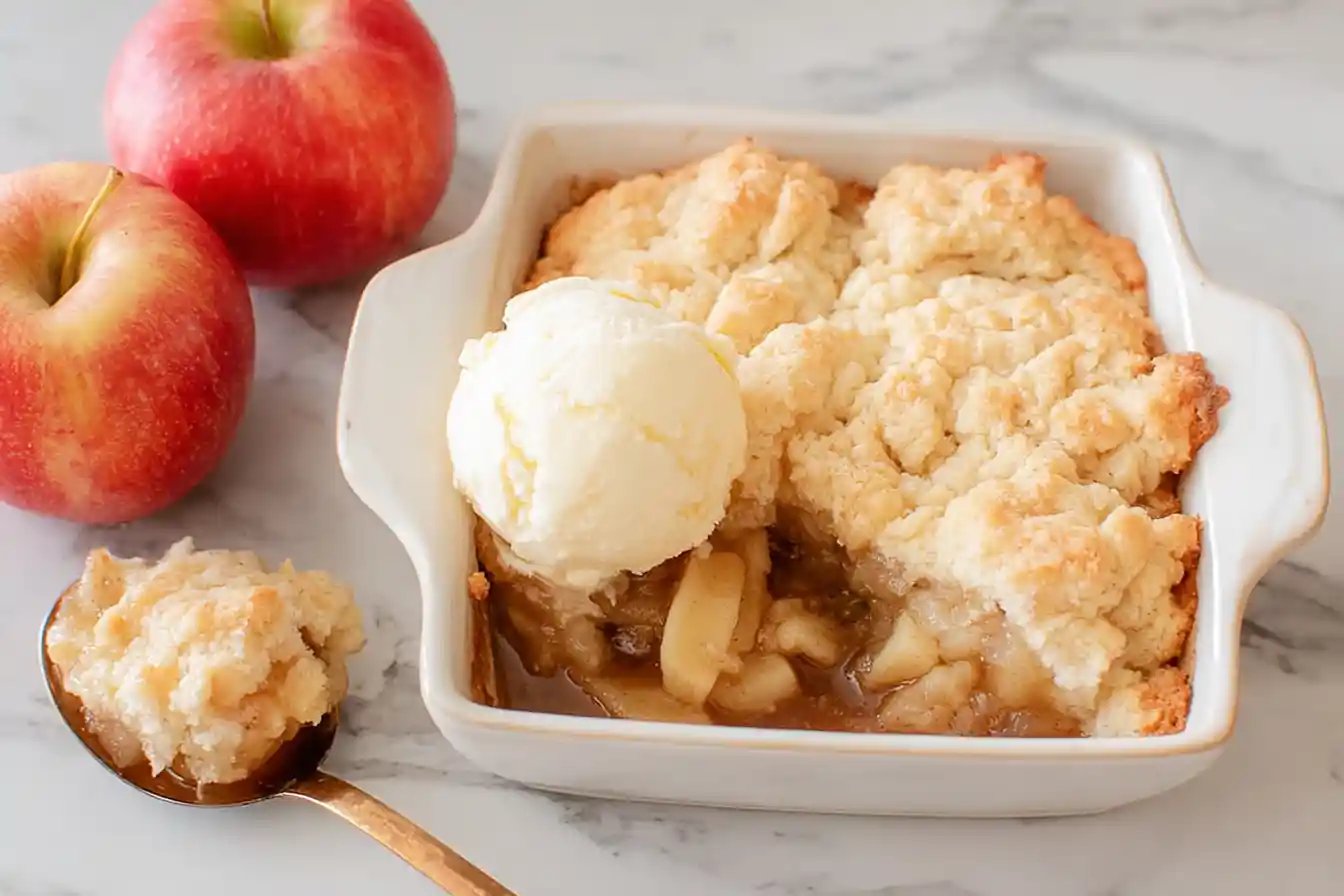A warm, golden-brown Apple Cobbler, still bubbling, is presented in a baking dish with a dollop of melting vanilla ice cream, making it an inviting image for an Apple Cobbler Recipe.