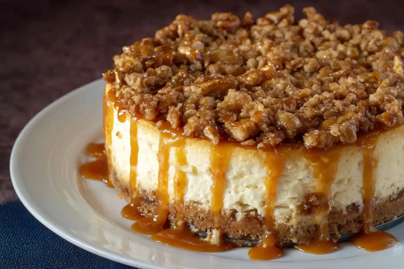 A luscious slice of Apple Crisp Cheesecake sits on a white plate, revealing its creamy layers, spiced apple filling, and crunchy oat streusel topping.