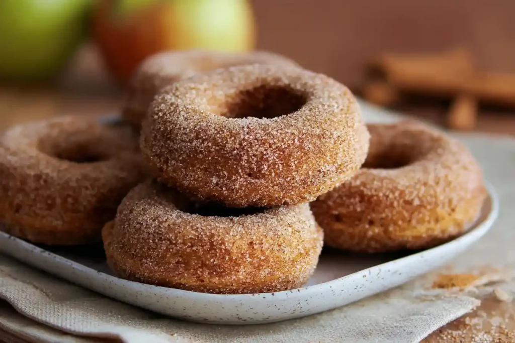A stack of golden-brown Baked Apple Cider Donuts with a dusting of cinnamon sugar sits on a rustic wooden surface.