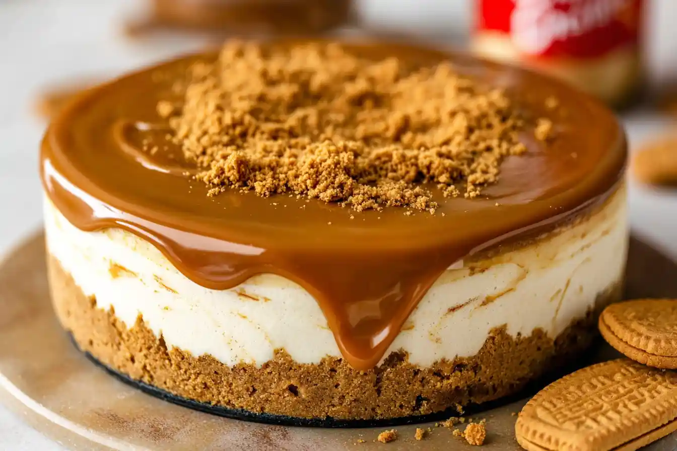 A perfectly plated slice of Biscoff Cheesecake sits on a white dish, garnished with crushed Biscoff cookies and a whole cookie.