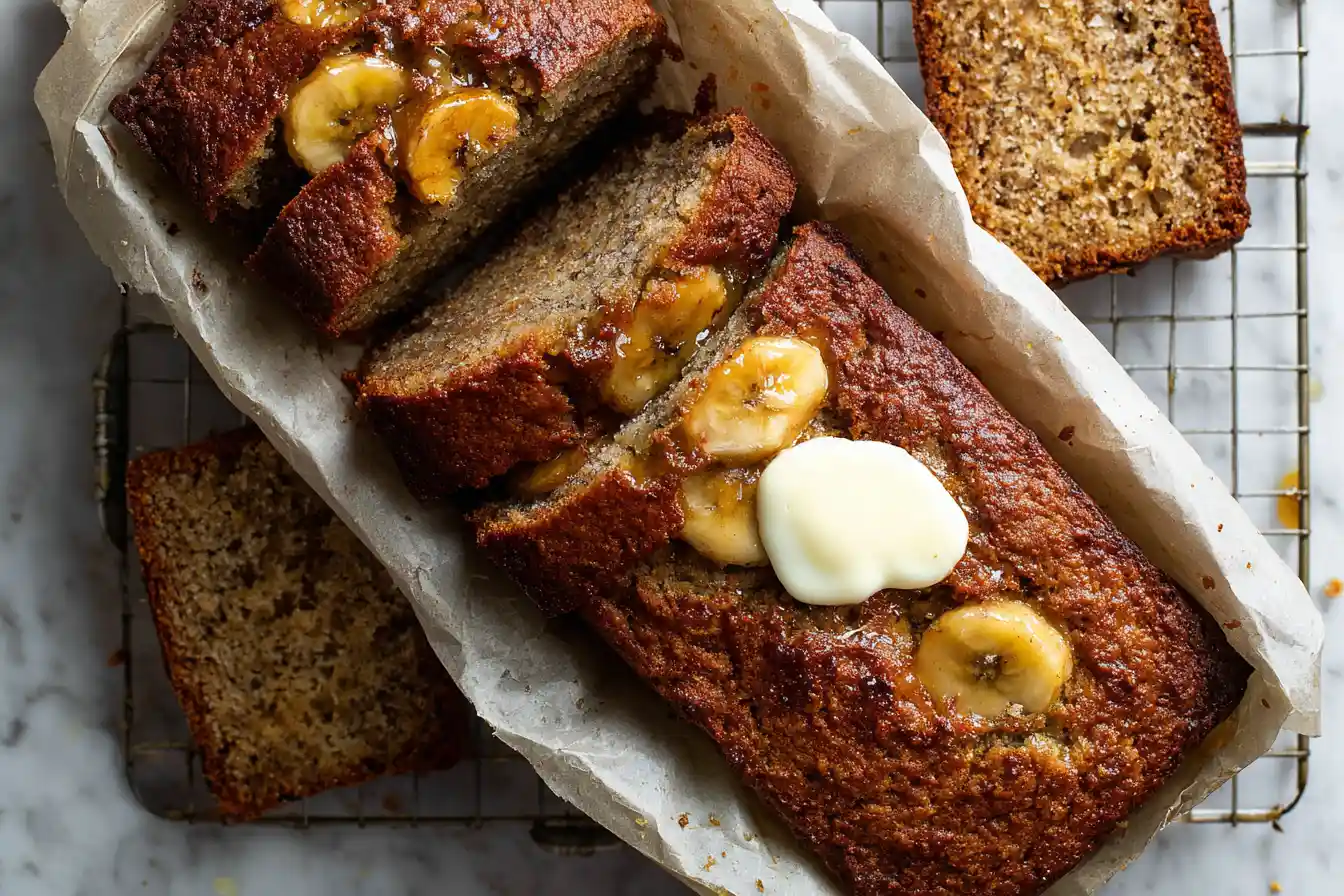 A warm, golden-brown loaf of Brown Butter Banana Bread sits on a rustic wooden cutting board, with a few slices already cut.