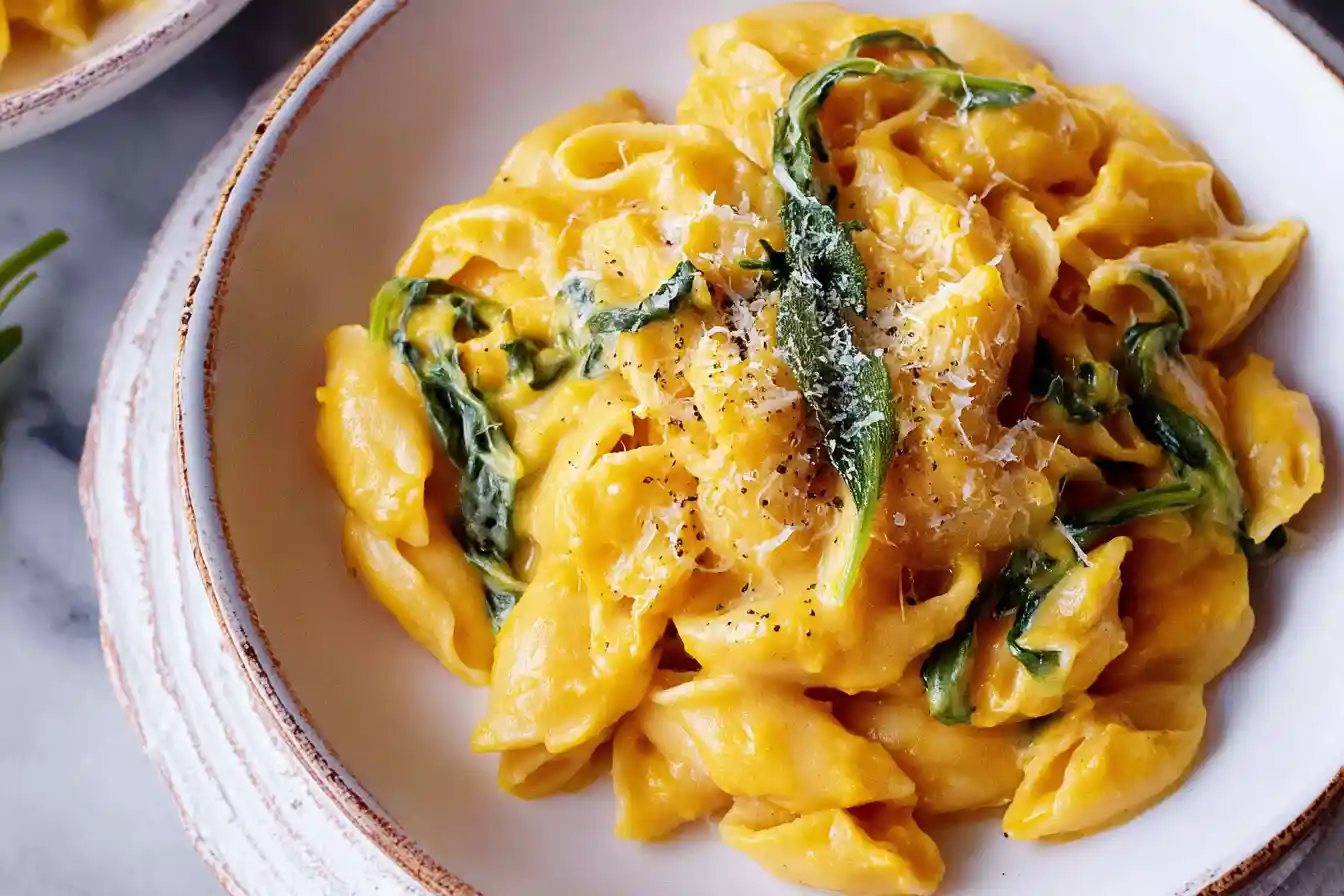 A close-up of a creamy bowl of Butternut Squash Pasta, garnished with fresh sage leaves and a sprinkle of black pepper.