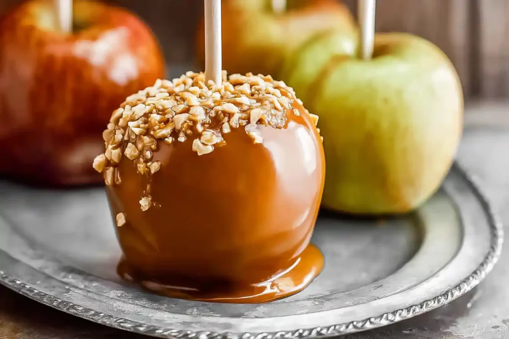 A close-up of a perfectly smooth, golden-brown Caramel Apple on a stick, reflecting soft light on a clean background.