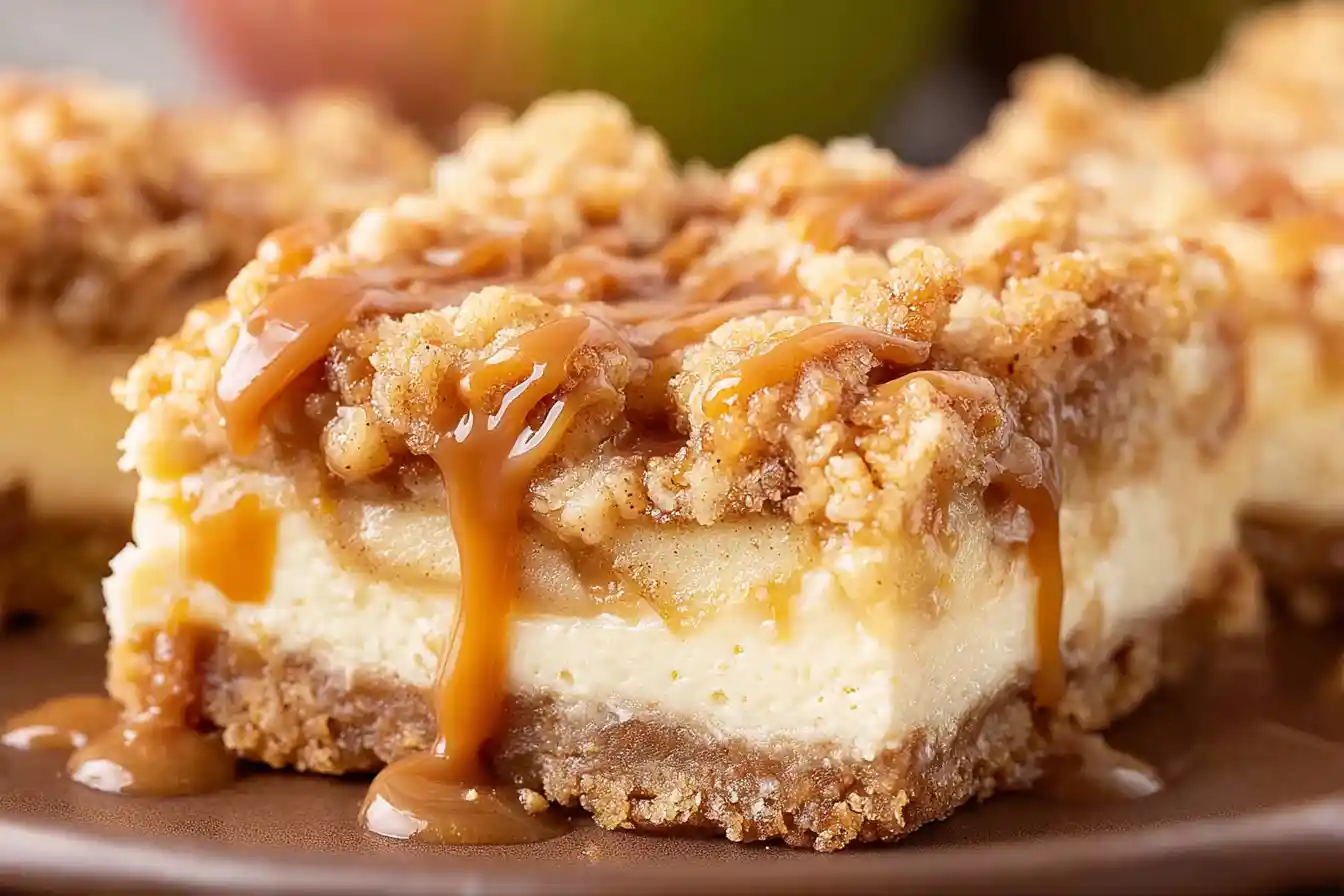 A tray of golden-brown Caramel Apple Cheesecake Bars, featuring a crumbly crust, creamy filling, apple chunks, and a sweet caramel drizzle, ready from this Caramel Apple Cheesecake Bars Recipe.