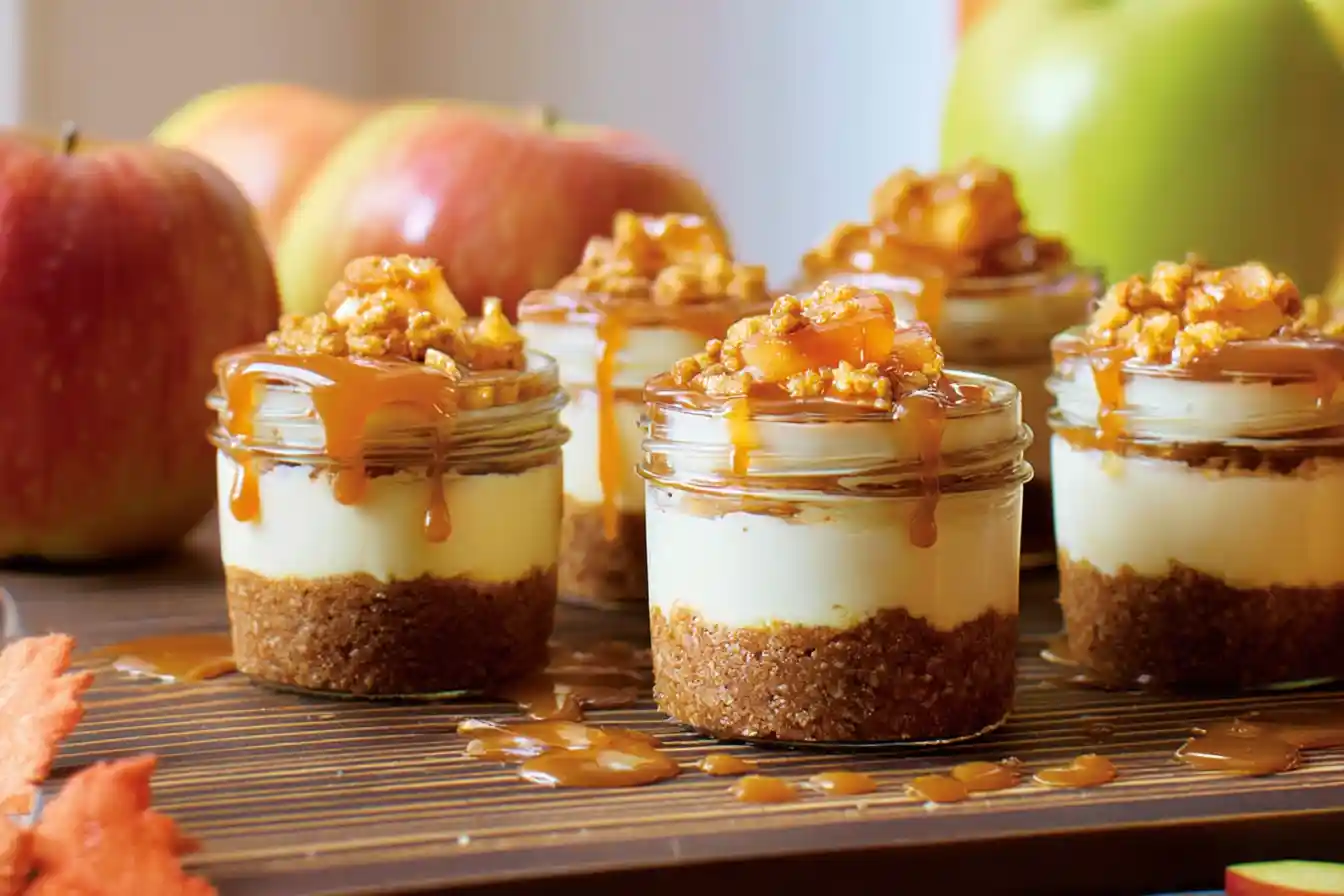 A close-up view of several individual servings of delicious Caramel Apple Cups, topped with nuts and a sweet drizzle.