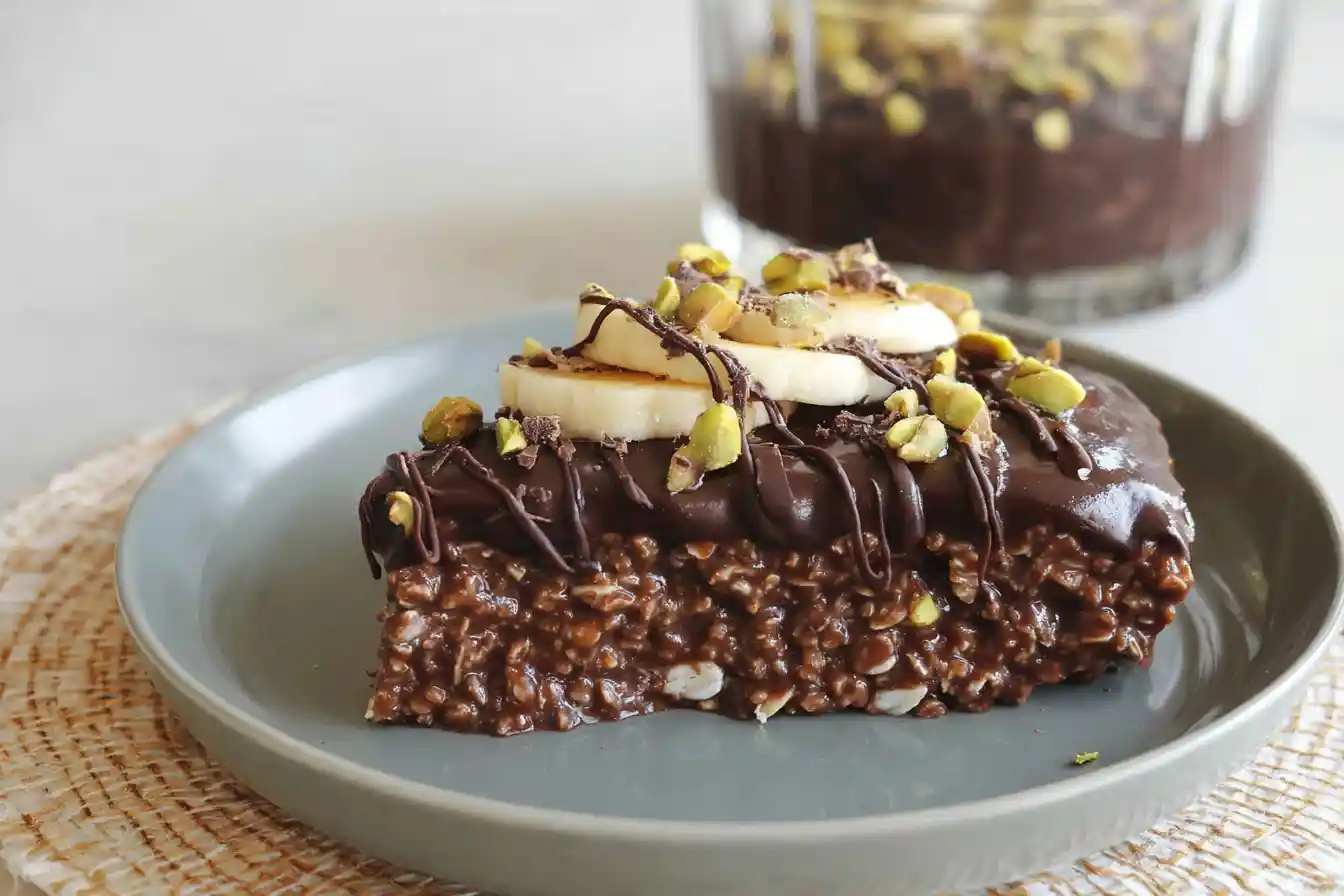 A layered Chocolate Banana Oat Dessert in a glass jar, garnished with fresh banana slices, chocolate shavings, and a spoon, ready to be enjoyed.