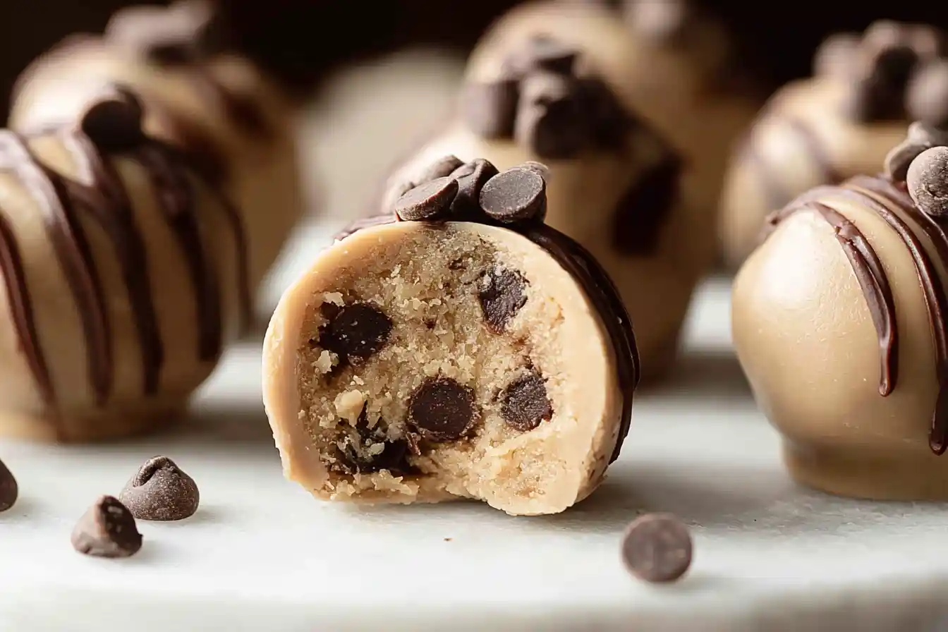A close-up shot of several perfectly spherical Chocolate Chip Cookie Dough Truffles, some drizzled with melted chocolate and others sprinkled with mini chocolate chips, arranged on a light surface.