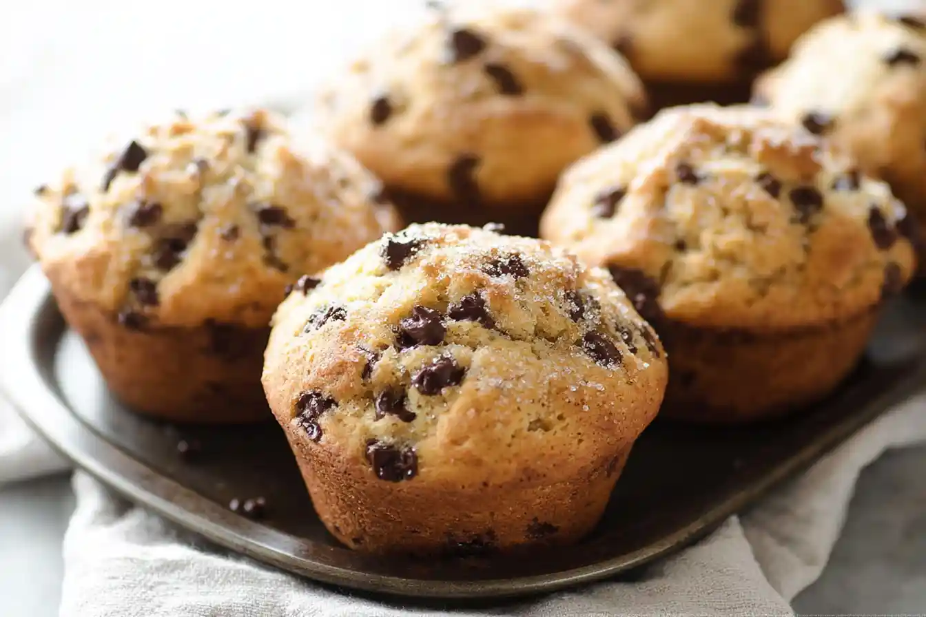 A warm batch of golden-brown Chocolate Chip Muffins with visible melted chocolate chips, presented on a cooling rack.