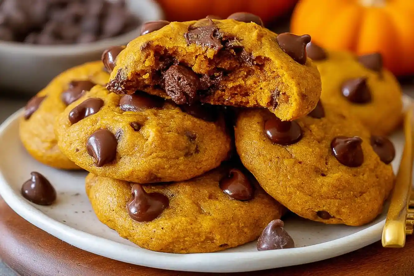 A close-up shot of several warm, freshly baked Chocolate Chip Pumpkin Cookies on a rustic wooden surface.